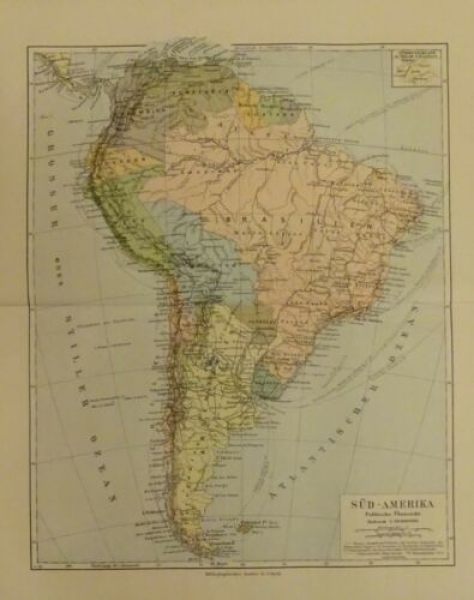 1898 - Süd-Amerika - politische Übersicht, Landkarte, alter Druck